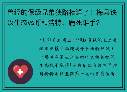 曾经的保级兄弟狭路相逢了！梅县铁汉生态vs呼和浩特，鹿死谁手？